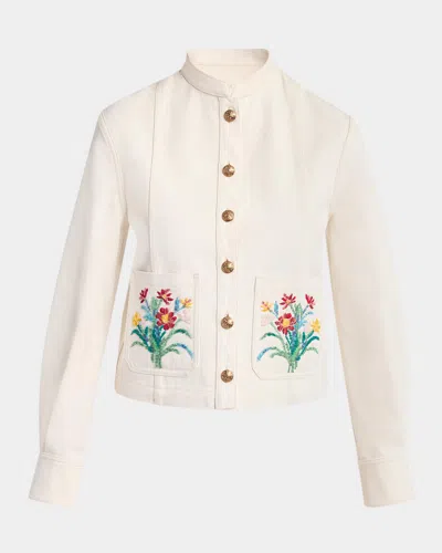Valentino Floral Beaded Pocket Denim Jacket In White