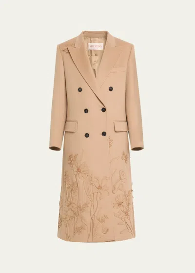 Valentino Floral Beaded Wool Cashmere Peacoat In Neutral