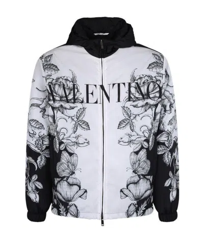 Valentino Floral-butterfly Print Hooded Jacket In White