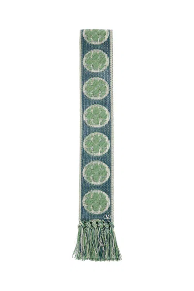 Valentino Floral Cotton Scarf With Ivory, Blue, And Aqua Fringes