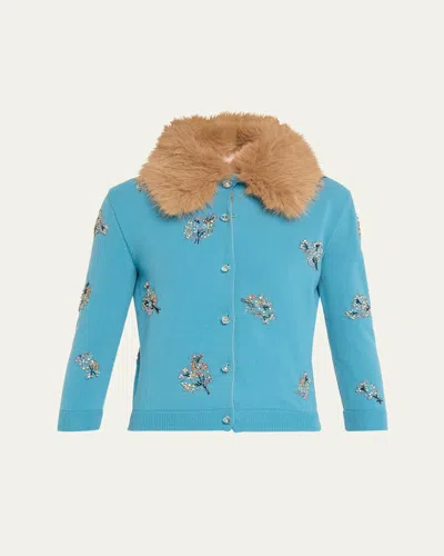 Valentino Floral Crystal Wool Faux Fur Trimmed Cardigan In Blue