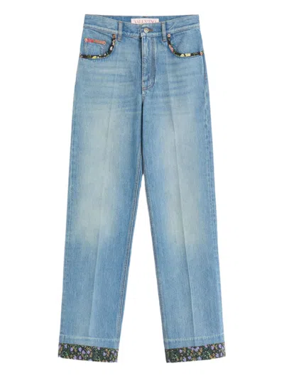 Valentino Floral Detail Contrast Trim Jeans With Belt Loops And Five Pocket Design In Blue