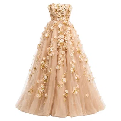 Pre-owned Valentino Floral Embellished Evening Gown Resort 2011 Size 8 In Sand