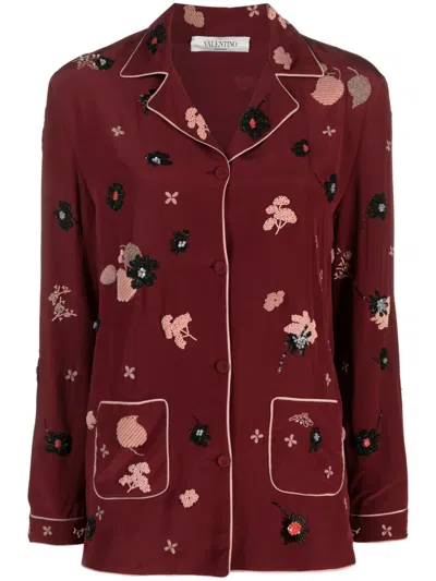 Pre-owned Valentino Floral Embellished Silk Shirt In Red