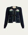 Valentino Floral Embroidered Bow-tie Wool Cardigan In Blue