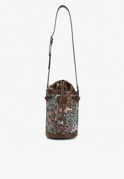 Valentino Garavani Floral Embroidered Bucket Bag In Brown