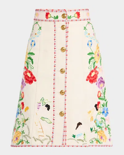 Valentino Floral Embroidered Button-front Denim Skirt In Ecru