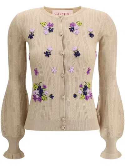 Valentino Floral-embroidered Cardigan In Beige
