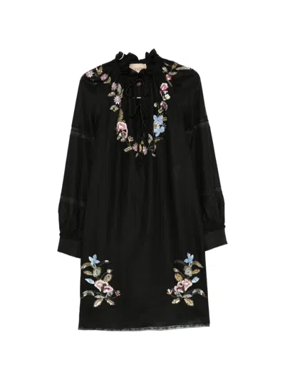 Valentino Floral Embroidered Dress In Black
