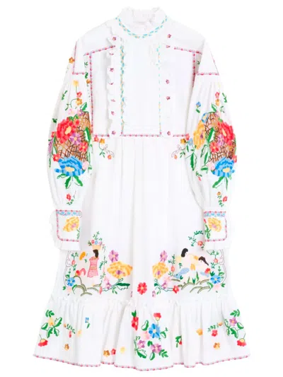 Valentino Floral Embroidered Dress With Puffed Sleeves In White