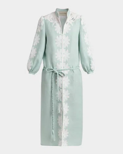 Valentino Floral Embroidered Linen Belted Midi Dress In Green