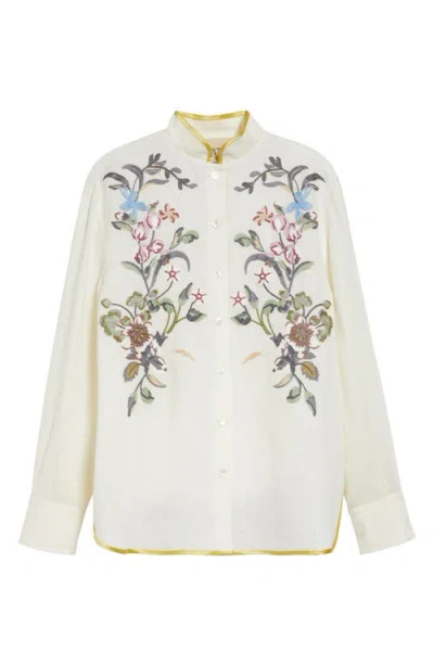 Valentino Floral Embroidered Linen Button-up Shirt In Neutral
