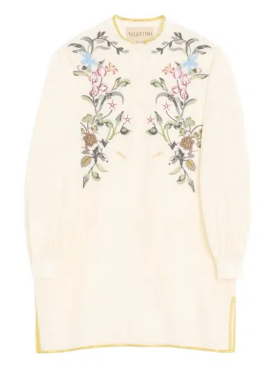 Valentino Floral-embroidered Linen Mini Dress In Neutral