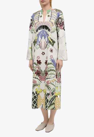 Valentino Floral Embroidered Midi Dress In Multicolor