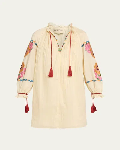 Valentino Floral Embroidered Pintuck Blouse