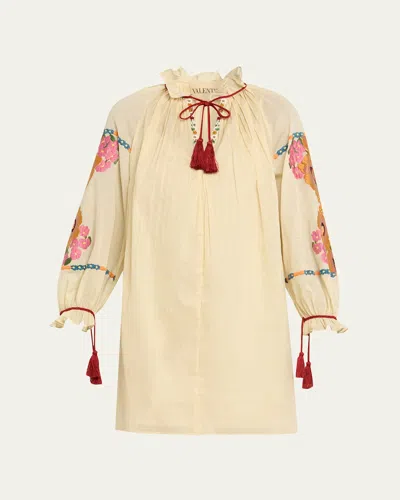 Valentino Floral Embroidered Pintuck Blouse In Yellow