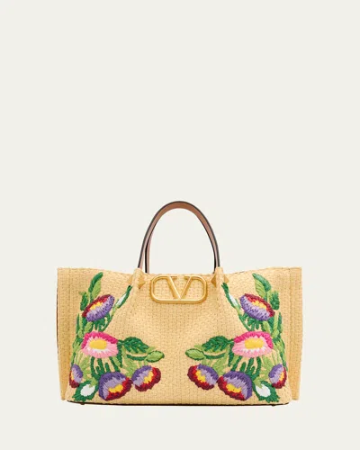 Valentino Garavani Floral Embroidered Raffia Medium Shopping Tote Bag In Naturale Multicolor