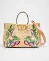 Valentino Garavani Beige Handbag With Metallic Vlogo On The Front And Floral Embroidery In Raffia Wo In Naturale Multicolor