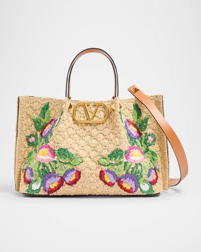 Valentino Garavani Floral Embroidered Raffia Medium Shopping Tote Bag In Naturale Multicolor