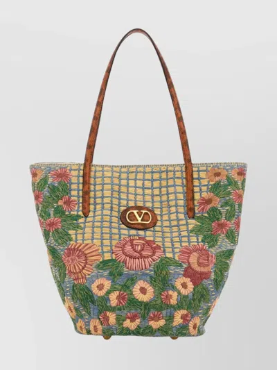 VALENTINO GARAVANI FLORAL EMBROIDERED RAFFIA SHOPPING TOTE