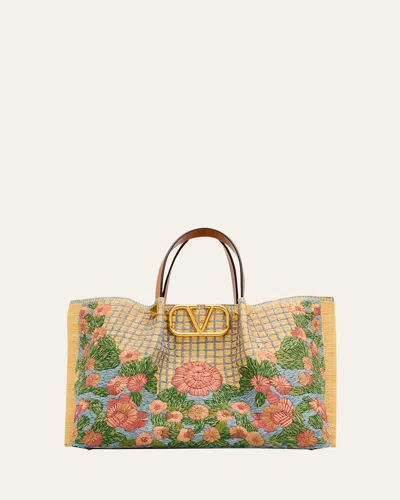 Valentino Garavani Floral-embroidered Raffia Tote Bag In Multi