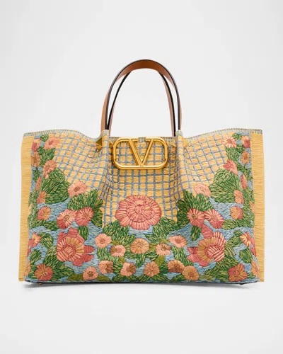 VALENTINO GARAVANI FLORAL-EMBROIDERED RAFFIA TOTE BAG
