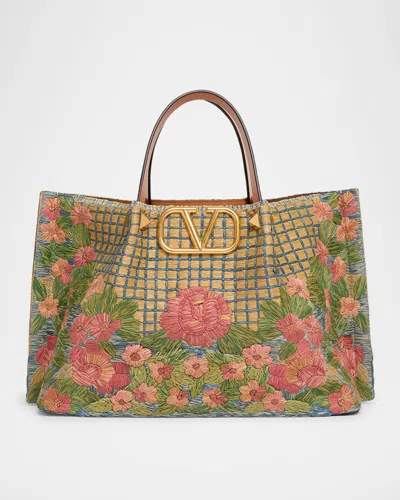 Valentino Garavani Floral-embroidered Raffia Tote Bag In Multi