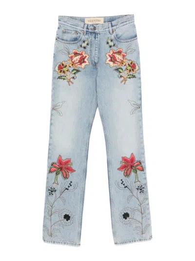 Valentino Floral Embroidered Straight Leg Jeans For Women In Blue