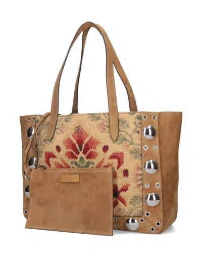 Valentino Garavani Floral-embroidered Suede Tote Bag In Brown