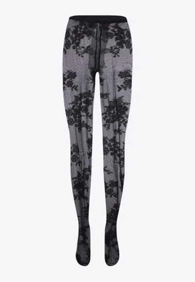 Valentino Floral Embroidered Tights In Black