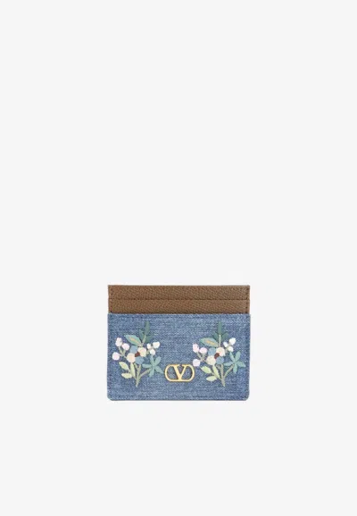 Valentino Garavani Floral Embroidered Vlogo Denim Cardholder In Blue