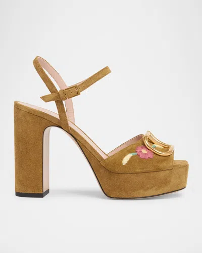 VALENTINO GARAVANI FLORAL EMBROIDERED VLOGO SUEDE PLATFORM SANDALS