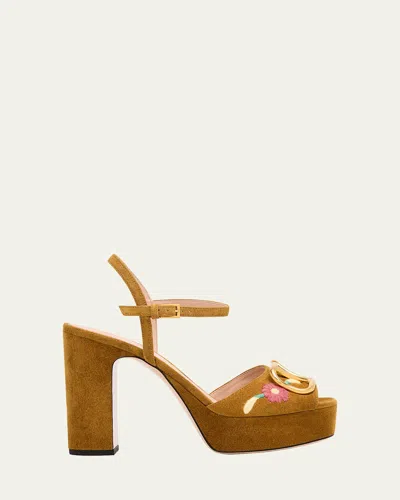 Valentino Garavani Floral Embroidered Vlogo Suede Platform Sandals In Brown