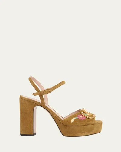 Valentino Garavani Floral Embroidered Vlogo Suede Platform Sandals In Brown