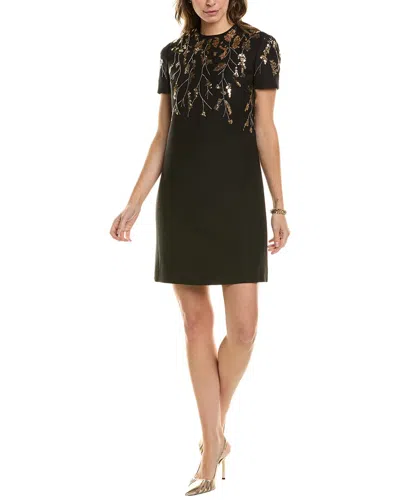 Valentino Floral Embroidered Wool & Silk-blend Shift Dress In Black