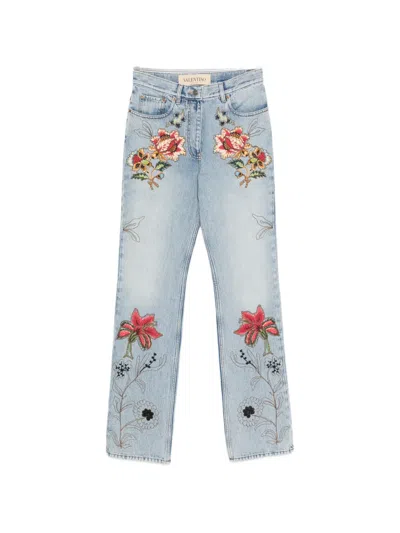 Valentino Denim 5 Pockets Embroidered Flowers Jeans In Blue