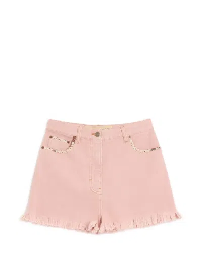 Valentino Floral Frayed Denim Shorts In Pink