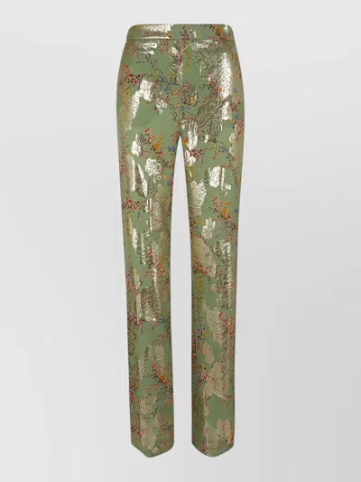 Valentino Floral High Waist Metallic Straight Leg Pants In Green