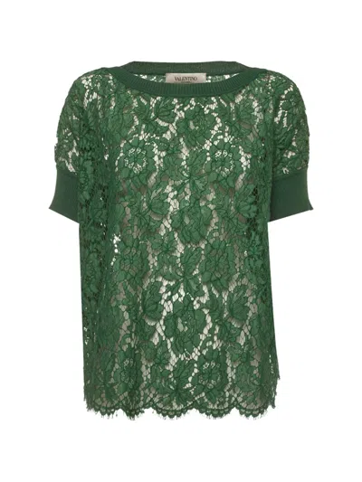 Pre-owned Valentino Floral Lace Boat Neck Top In Green