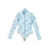 Valentino High Neck Long Sleeve Floral Lace Bodysuit In Blue