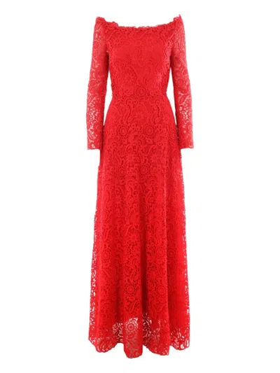 Valentino Floral Lace Detail Dresswide In Red