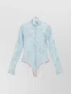 Valentino High Neck Long Sleeve Floral Lace Bodysuit In Blue