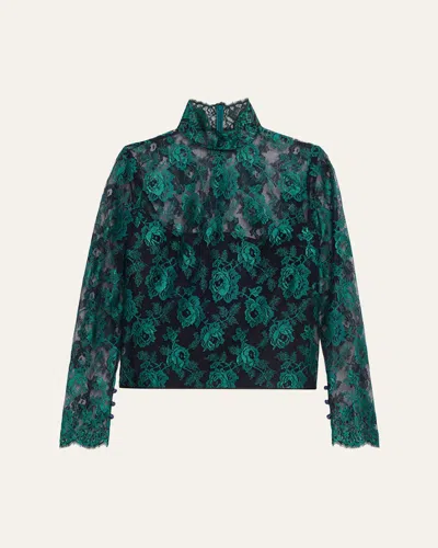 Valentino Floral Lace High-neck Top In Green