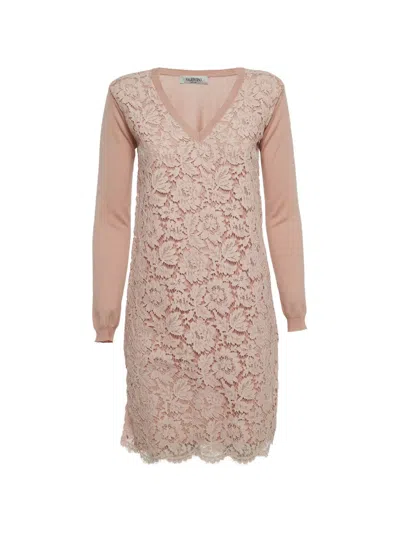 Pre-owned Valentino Floral Lace Long-sleeve Mini Dress In Pink