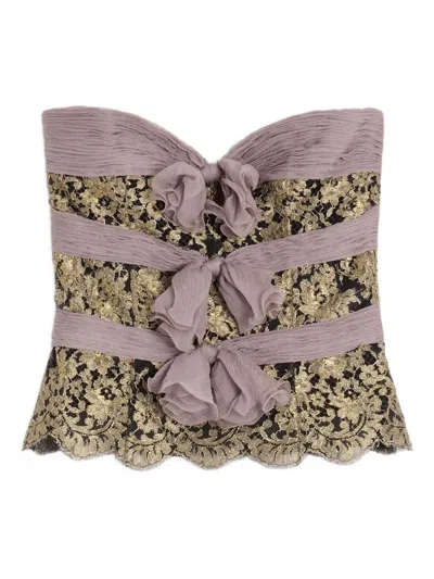 Valentino Strapless Chiffon Top With Lace And Ruffles In Multi