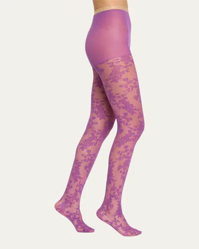 Valentino Floral Lace Tights In Purple