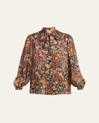 Valentino Floral Metallic Crinkle Satin Bow-neck Blouse In Multi