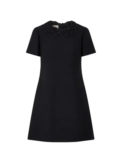 Valentino Embellished Silk-trimmed Wool And Silk-blend Crepe Mini Dress In Black