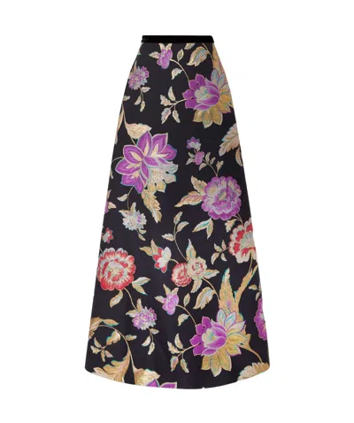 Valentino Velvet-trimmed Wool-blend Floral-brocade Maxi Skirt In Black