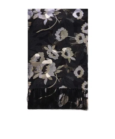 Valentino Fringed Floral-jacquard Silk-blend Scarf In Black